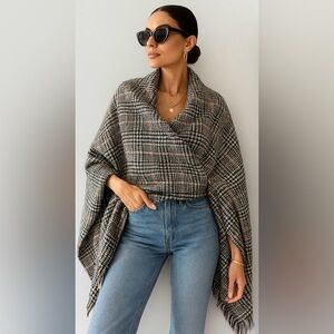 Anne Klein Vintage Wool Shawl | Red Houndstooth Plaid | 29x72